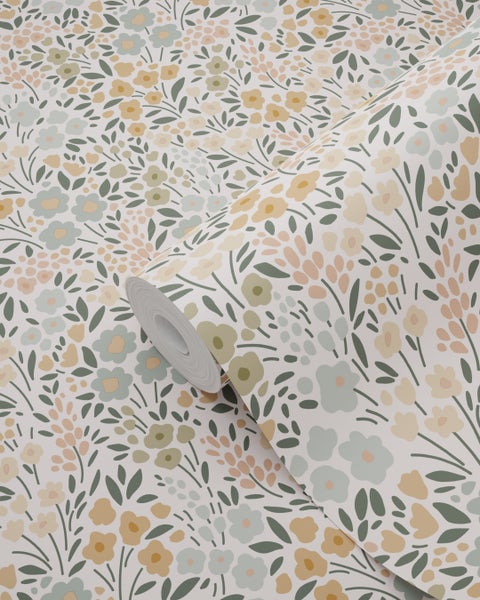 ESTAhome Tapete Blumen Graublau, Terrakottarosa und Grün - 53 cm x 10.05 m - 139837