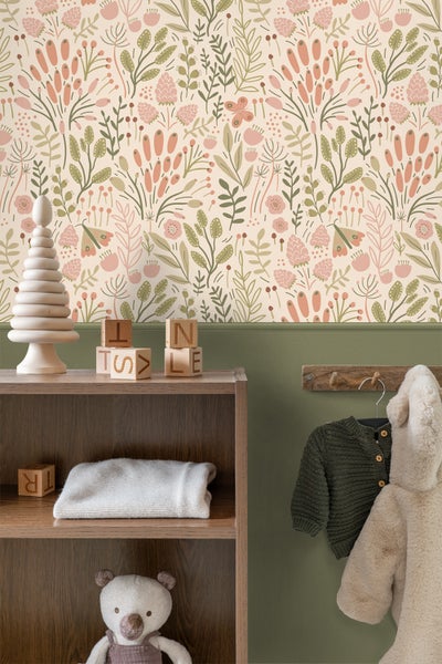 ESTAhome Tapete Blätter und Blumen Olivgrün und Terrakotta - 50 x 900 cm - 131390