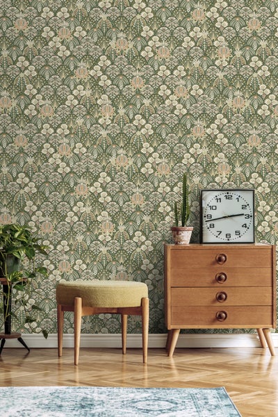 ESTAhome Tapete Blumenmuster im Jugendstil Dunkelgrün - 50 x 900 cm - 130972