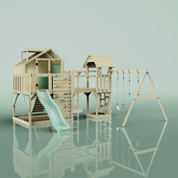 Holzspielplatz mit Rutsche und Schaukel für den Garten