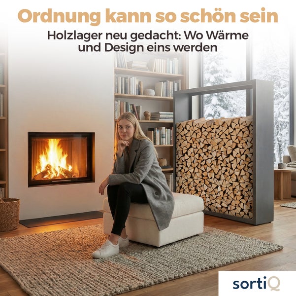 Wohnzimmer mit Kamin, Holzregal und Frau auf einem Hocker