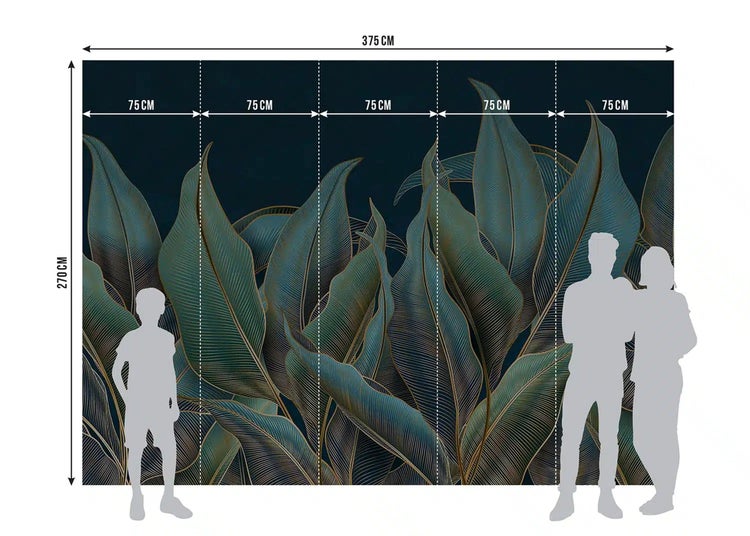 Fototapete mit botanischem Blattmuster, Maße 375 Zentimeter Breite mal 270 Zentimeter Höhe, aufgeteilt in fünf Bahnen zu 75 Zentimeter.
