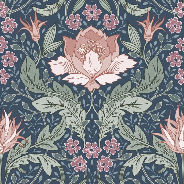 ESTAhome Tapete Blumenmuster im Jugendstil Blau, Grün und Terrakottarosa - 50 x 900 cm - 131083