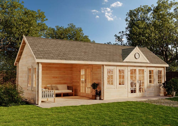 Alpholz Gartenhaus CLOCKHOUSE® Big Ben 70 Gartenhaus aus Holz, Holzhaus mit 70 mm Wandstärke inklusive Schleppdach Blockbohlenhaus, Naturbelassen 9,3x4m