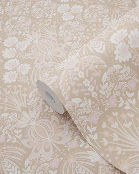 ESTAhome Tapete Blumenmuster im Jugendstil Hellrosa und Beige - 50 x 900 cm - 130968