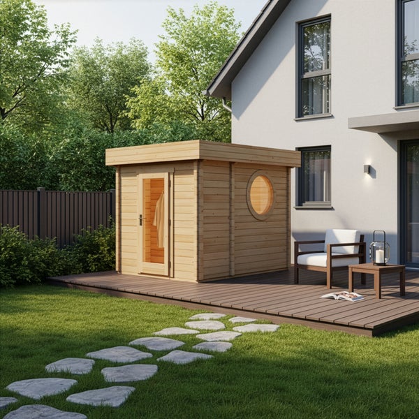 Moderne Gartensauna aus Holz mit Flachdach, Glastür und Rundfenster auf einer Holzterrasse im Garten neben einem Haus.