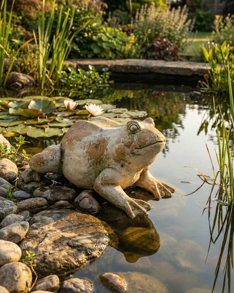 Gartenfigur Frosch aus Stein an einem Gartenteich mit Seerosen und Schilf in naturnaher Umgebung.
