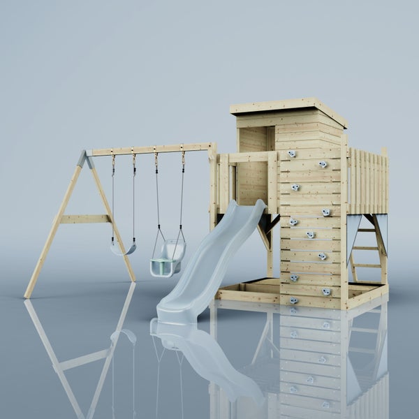 Kinderspielhaus aus Holz mit Rutsche, erhöhtem Podest und integriertem Sandkasten.