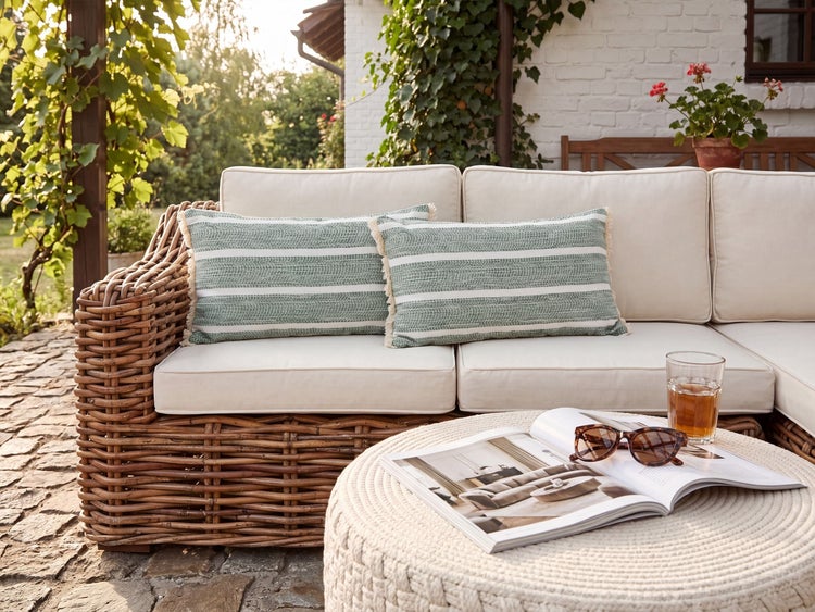 Gartenlounge aus Rattan mit beigen Polstern und zwei gestreiften Dekokissen auf einer Steinterrasse vor einem Haus.