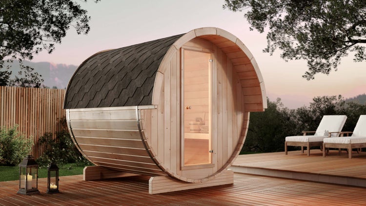 Maßzeichnung einer Fasssauna mit runder Holzkonstruktion, Glastür und Maßen von 1700 Millimeter Höhe und 700 Millimeter Breite.