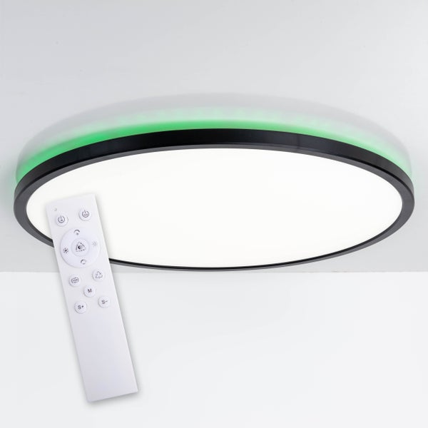 Die LED Deckenleuchte CARLO mit RGB-Backlight, Ø von 29,3 cm, klassisch-moderne Deckenleuchte aus schwarzem/weißem Kunststoff mit vielen Funktionen, z.B. Farbwechsler
