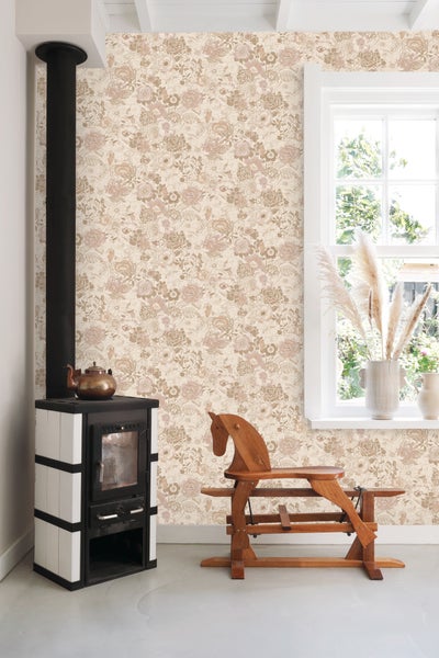 ESTAhome Tapete Blumenmuster Beige und Altrosa - 53 cm x 10.05 m - 139763