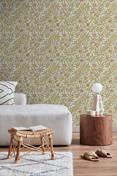 ESTAhome Tapete exotischen Früchten und Blättern Grün, Rosa und Ockergelb - 50 x 900 cm - 131169