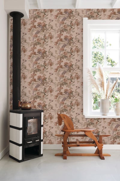 ESTAhome Tapete Blumen und Vögel Altrosa - 50 x 900 cm - 139809