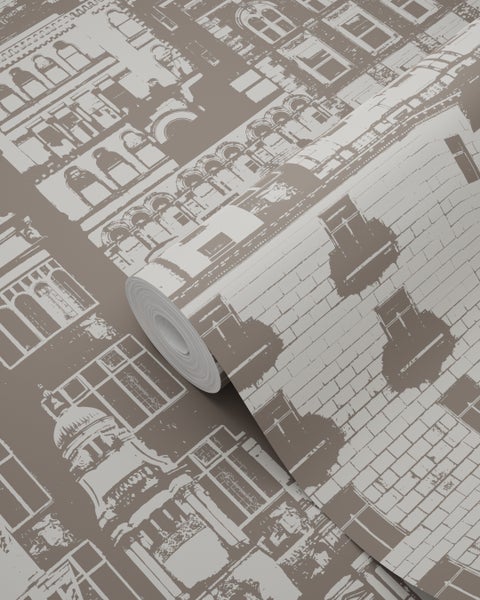 Bürogestaltung mit Schreibtisch, Stuhl, Regalen und dekorativer Wandtapete.