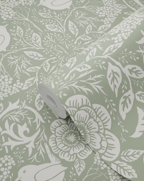 ESTAhome Tapete Blumen und Vögel im Jugendstil Graugrün - 53 cm x 10.05 m - 139293