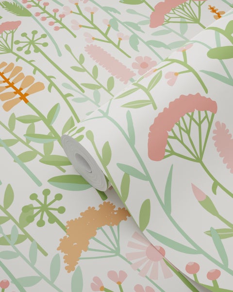 ESTAhome Tapete Feldblumen Grün und Rosa - 50 x 900 cm - 131546