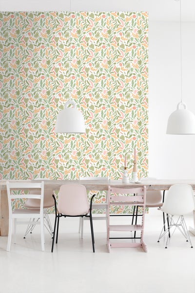ESTAhome Tapete Blätter und Blumen Grün, Rosa und Orange - 50 x 900 cm - 131048