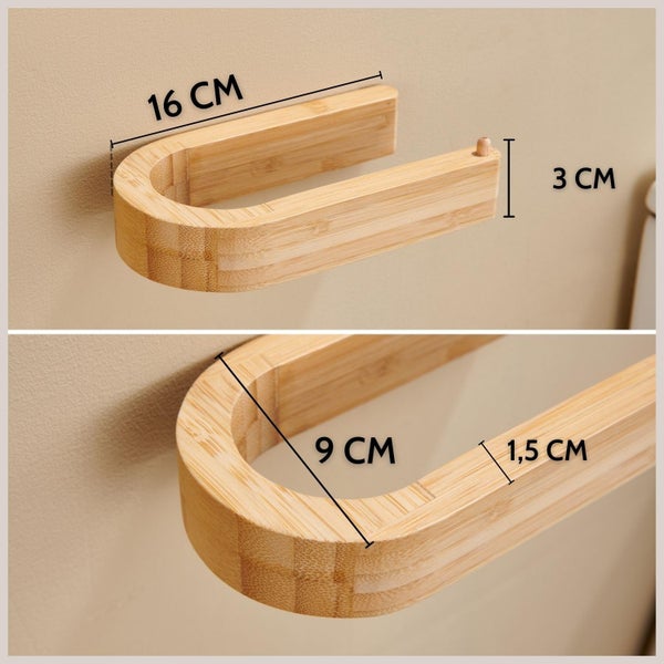 Holz-Toilettenpapierhalter mit Maßen: Länge 16 Zentimeter, Höhe 3 Zentimeter, Breite 9 Zentimeter und Stärke 1,5 Zentimeter.