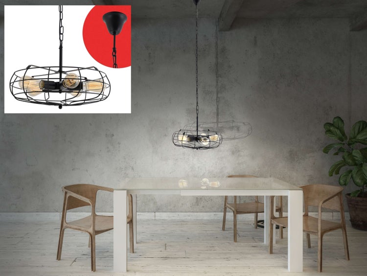 Hängelampe im Industriedesign mit Käfigschirm über Esstisch