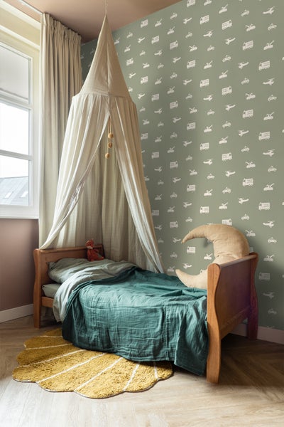 Muster mit Illustrationen von Abschleppwagen, Polizeiautos, Feuerwehrautos und Hubschraubern