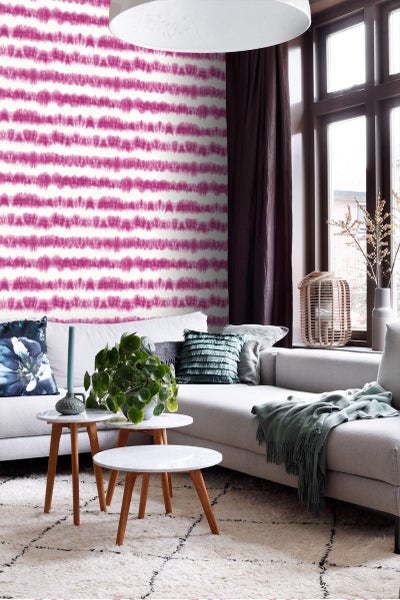 ESTAhome Tapete horizontale Tie-Dye Shibori Streifen Tiefrosa und Weiß - 53 cm x 10.05 m - 148688