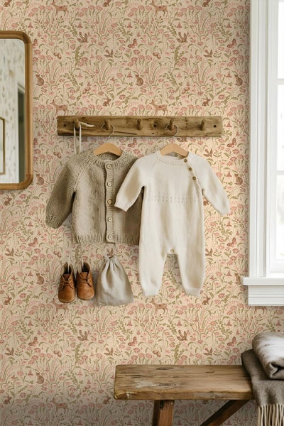 Vliestapete im Kinderzimmer mit Waldmotiven wie Rehen und Hasen, kombiniert mit einer Holzgarderobe, Babykleidung und einer rustikalen Holzbank.