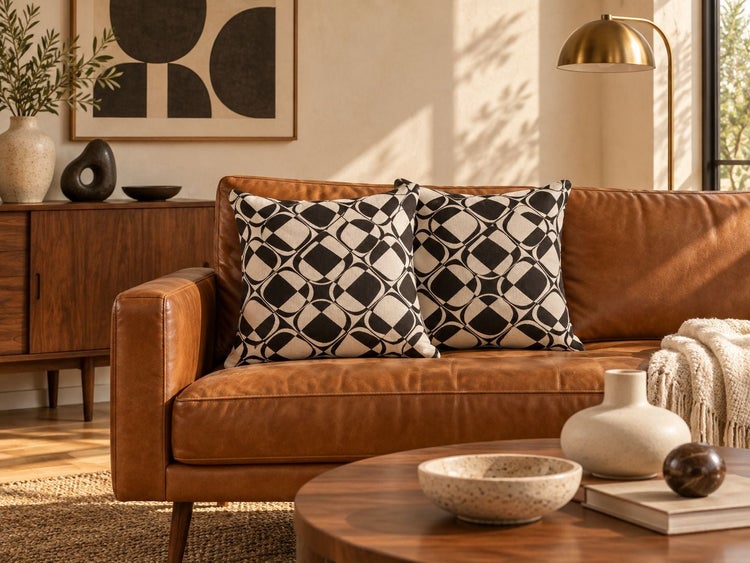 Zwei quadratische Dekokissen mit geometrischem Muster auf einem Ledersofa in einem Wohnzimmer im Mid Century Stil.