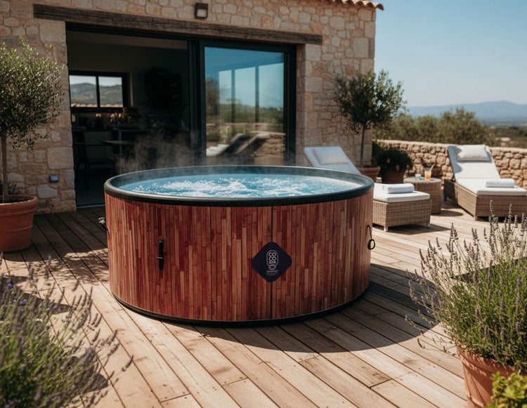 Runder Whirlpool in Holzoptik mit Coco Spa Logo auf einer Holzterrasse vor einem Steinhaus mit Gartenmöbeln und Lavendel.