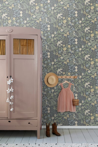 ESTAhome Tapete Blumen und Vögel Blau und Grün - 50 x 900 cm - 131464