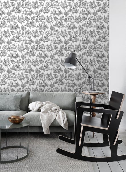 ESTAhome Tapete Toile de Jouy Schwarz - 53 cm x 10.05 m - 136820