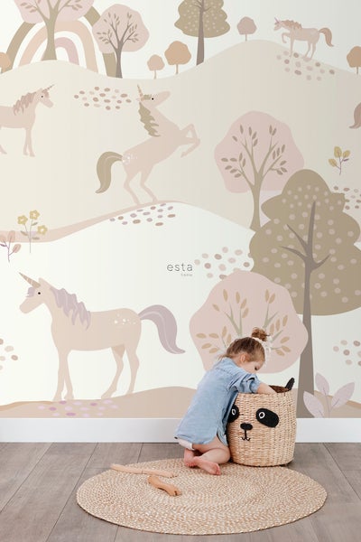 ESTAhome Fototapete Einhörner Beige und Hellrosa - 200 x 279 cm - 159238