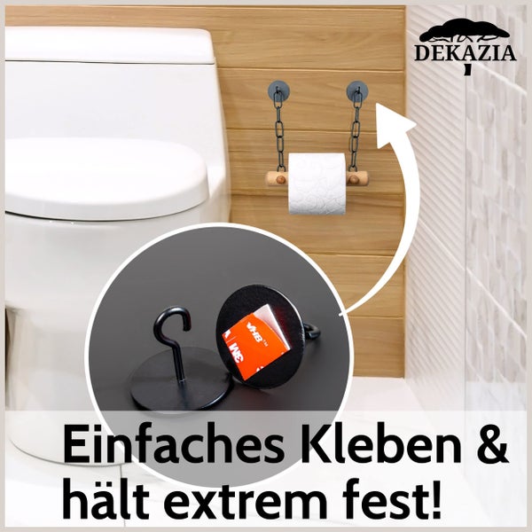 Selbstklebender Toilettenpapierhalter aus Holz und schwarzen Metallketten im Badezimmer. Inset zeigt 3M VHB Klebepad. Dekazia Logo.