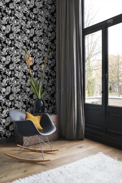 ESTAhome Tapete funky Blumen und Paisleys Schwarz und Weiß - 53 cm x 10.05 m - 136844