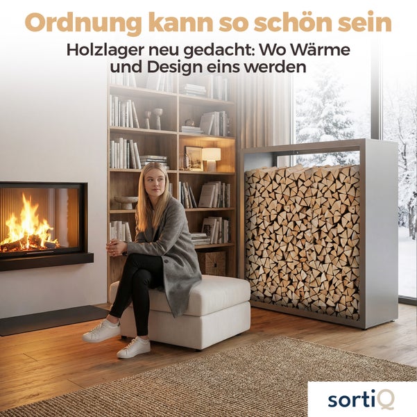 Wohnzimmer mit Kaminofen, Holzregal und sitzender Person auf einem Hocker