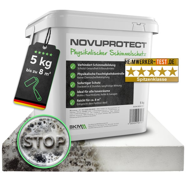 Novuprotect Physikalischer Schimmelschutz im 5 Kilogramm Eimer für bis zu 8 Quadratmeter, BKM Mannesmann Logo.