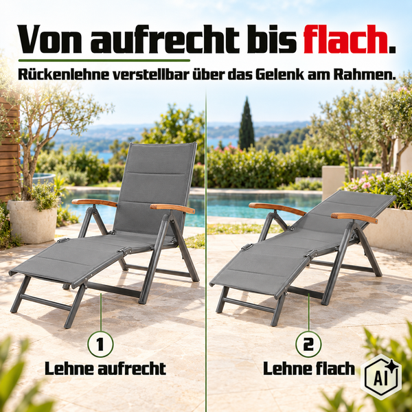 Verstellbare Gartenliege mit Armlehnen in aufrechter und flacher Position, ideal für die Terrasse am Pool.