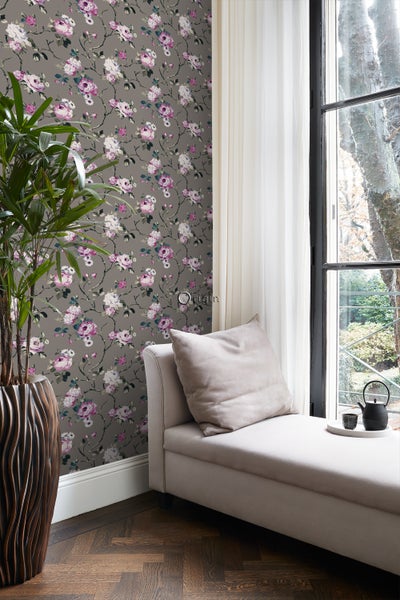 Origin Wallcoverings Tapete Blumen Taupe und Violett - 53 cm x 10.05 m - 347430