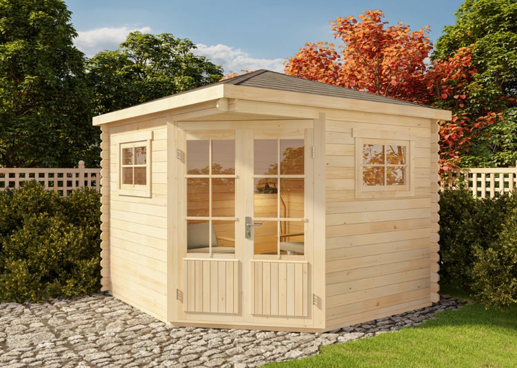 Gartenhaus aus Holz mit Fenstern und Doppeltür