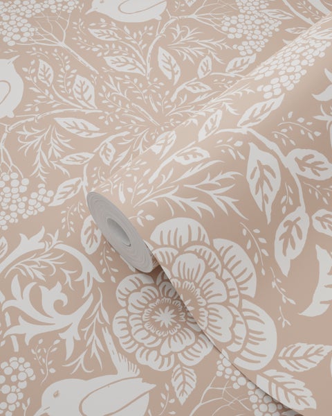ESTAhome Tapete Blumen und Vögel im Jugendstil Rosabeige und Weiß - 53 cm x 10.05 m - 139324