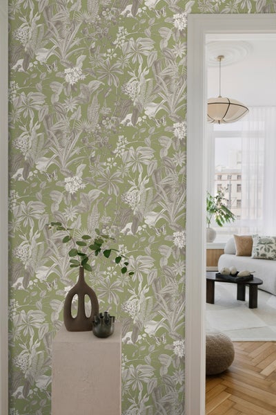 Sanders und Sanders Tapete tropische Blätter und Blüten Graugrün - 53 cm x 10 m - 640244