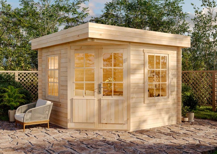 Alpholz 5-Eck Gartenhaus Monica-28 mit Flachdach Gartenhaus aus Holz, Holzhaus mit 28 mm Wandstärke, Blockbohlenhaus mit Montagematerial, Naturbelassen 3x3m