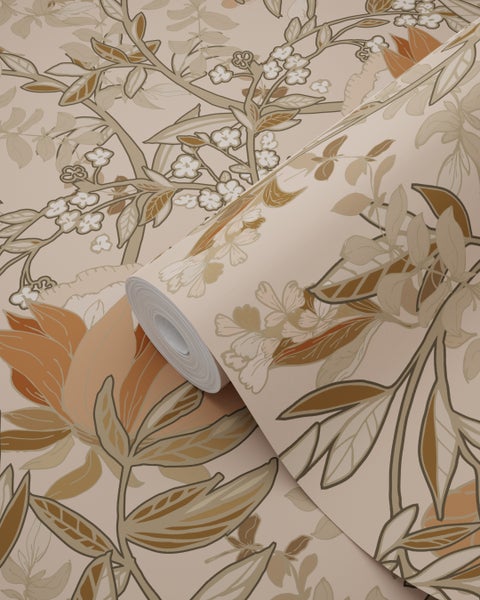 ESTAhome Tapete Blumenmuster im Jugendstil Beige und Terrakotta - 53 cm x 10.05 m - 139460