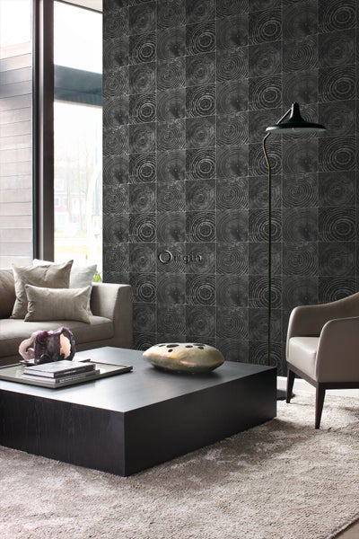 Origin Wallcoverings Tapete Querschnitte von Baumstämmen Schwarz und Silber - 53 cm x 10.05 m - 347544