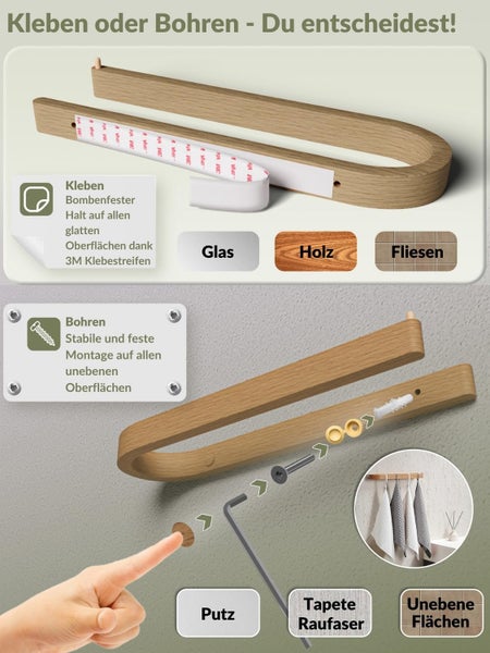 Handtuchhalter aus Holz zum Kleben mit 3M-Streifen auf Glas, Holz, Fliesen oder zum Bohren auf Putz, Raufasertapete und unebenen Flächen.