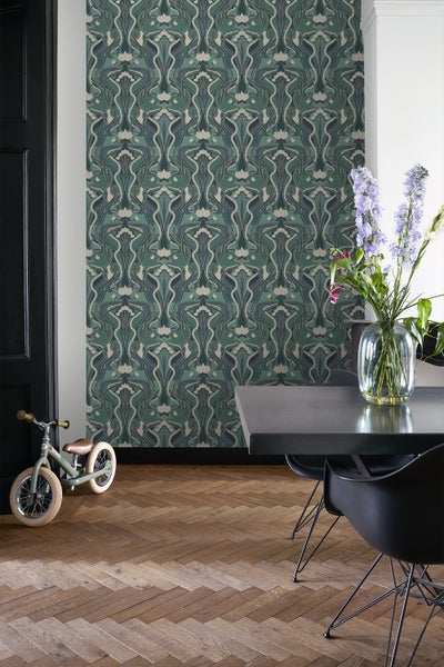 ESTAhome Tapete Blumenmuster im Jugendstil Graugrün und Blau - 50 x 900 cm - 139894