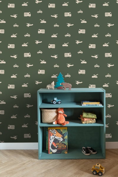 ESTAhome Tapete Autos, Löschfahrzeuge, Hubschrauber und Kräne Olivgrün - 50 x 900 cm - 131455