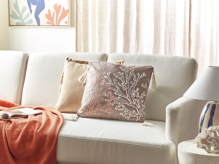 Dekokissen MAZZAELLA Samtstoff 45 x 45 cm Taupe Pflanzenmuster
