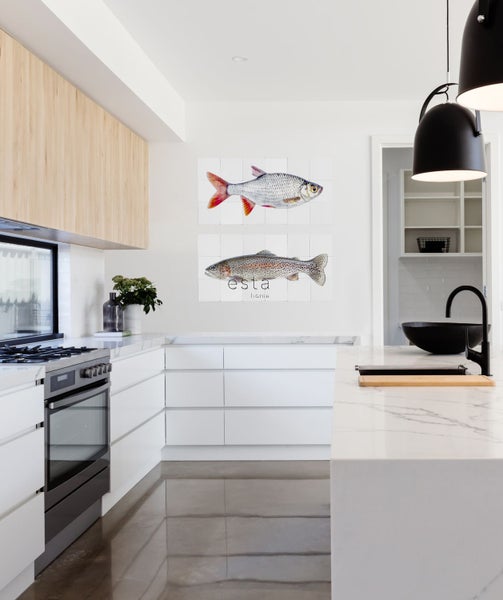 Helle Küche mit moderner Ausstattung und Fischmotiven an der Wand