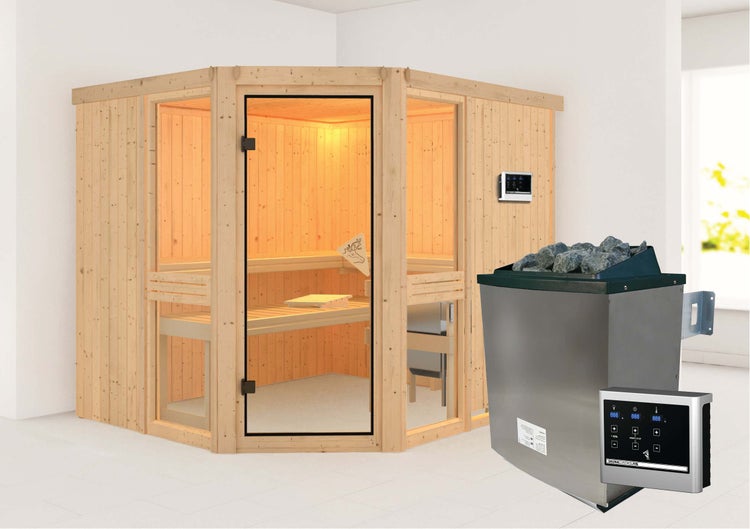 Karibu Sauna Innenkabine Amelia Innensauna 2 Sitzbänke aus Holz , Saunakabine mit 68 mm Wandstärke, Infrarotsauna mit Montagematerial
